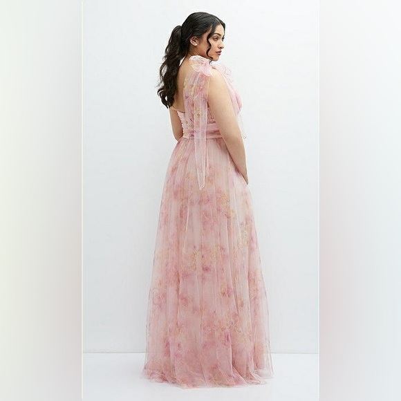 NWT Dessy Collection Floral Scarf Tie One-Shoulder Rose Long Tulle Dress, 18-R1 - Picture 3 of 16